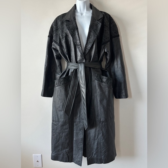 Vintage Black Contrasting Paisley Leather Panels Trench Jacket By: Studio C Sz L - Picture 3 of 12